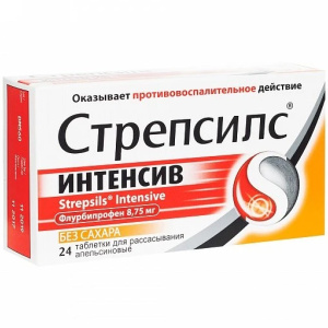Стрепсилс Интенсив таблетки для рассасывания без сахара №24 апельсин Купить Стрепсилс Интенсив таблетки для рассасывания без сахара №24 апельсин