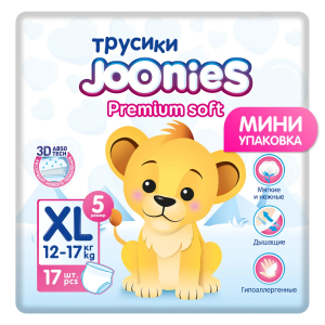 Joonies Premium Soft 17 шт трусики-подгузники размер XL 12-17 кг мини упаковка Купить Joonies Premium Soft 17 шт трусики-подгузники размер XL 12-17 кг мини упаковка