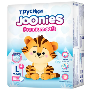Joonies Premium Soft 18 шт трусики-подгузники размер L 9-14 кг Купить Joonies Premium Soft 18 шт трусики-подгузники размер L 9-14 кг