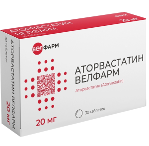 Купить  Аторвастатин Велфарм 20 мг 30 шт таблетки покрытые пленочной оболочкой 